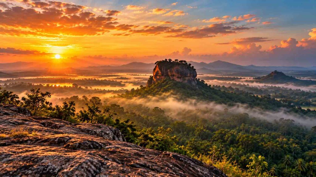 Sigiriya Lion Rock viewed from Pidurangala summit at sunrise